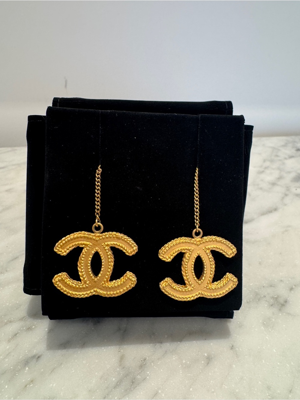 CHANEL Rare Gold CC Logo Dangle Drop Earrings w/ Box